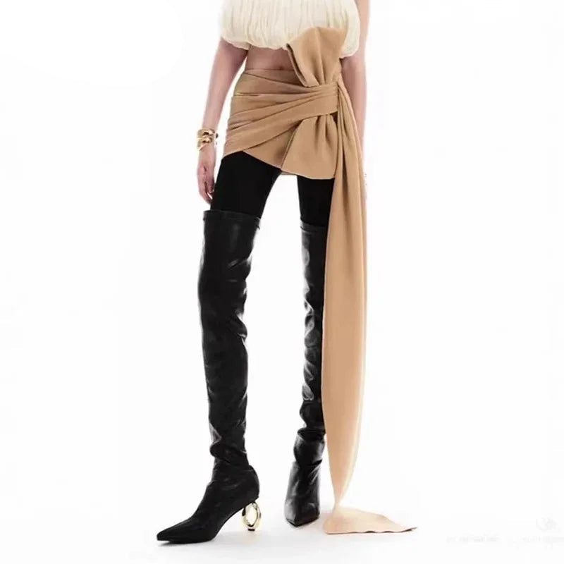 Neutral Pleated Side Bow Mini Skirt