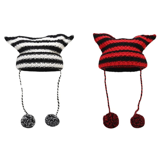 Two Toned Striped Knit Cat Ear Palm Palm Beanie