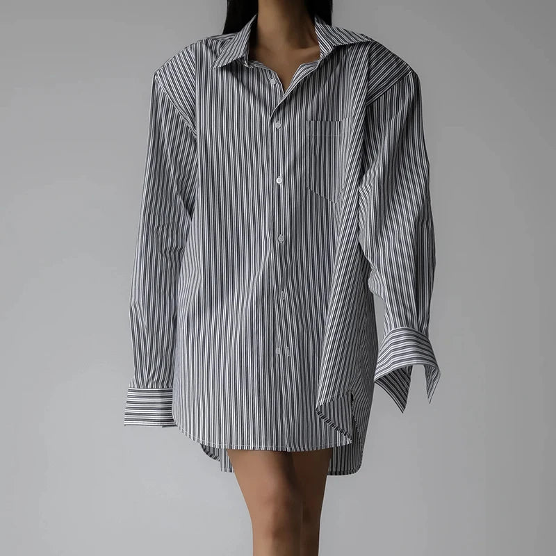 Solid Color Stripe Button Up Oversized Long Sleeve