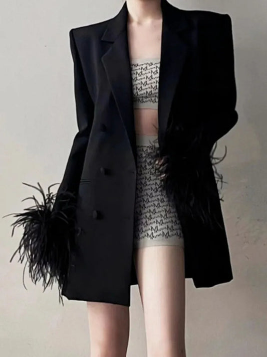 Black Feather Trim Double Breasted Blazer