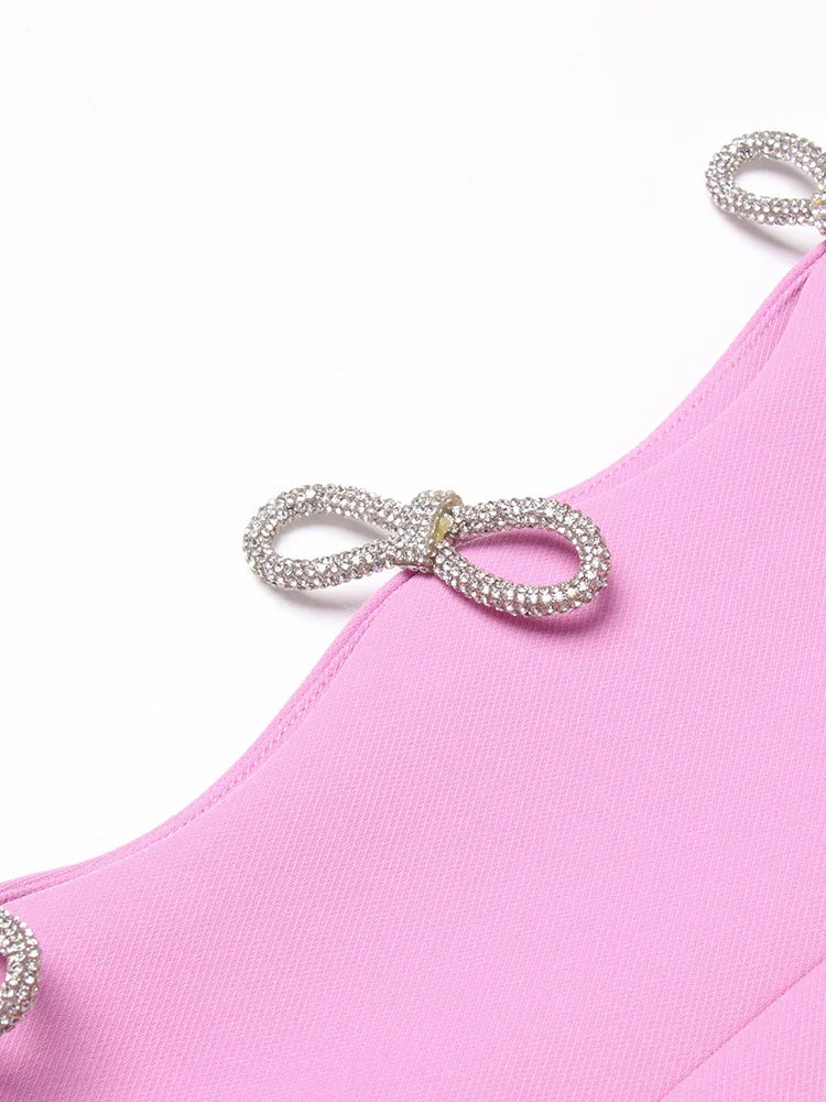 Pink Pearl Rhinestone Bow Chain Hollow Out Rhinestone Bow Sleeve Blazer