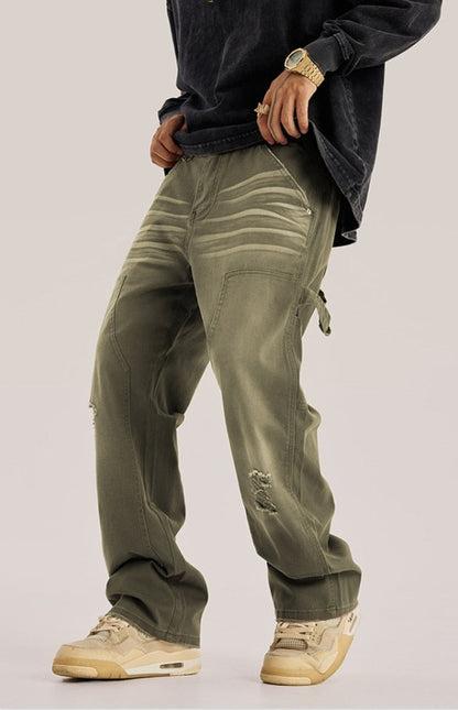 Solid Color Denim Washed Out Cargo Distressed Straight Jeans