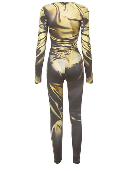 Yellow And Gray Tie-Dye Long Sleeve Bodysuit And Legging Set