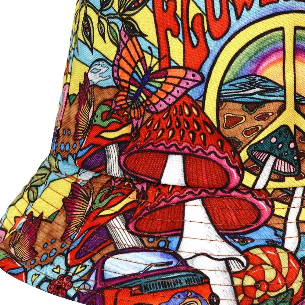 Flower Power Hippie Print Cotton Reversible Bucket Hat