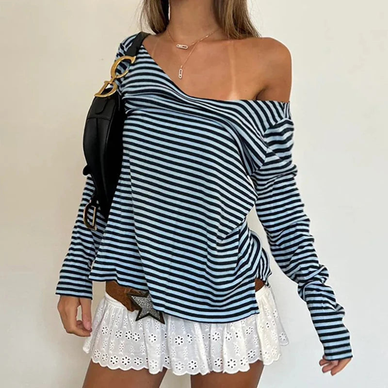 Solid Color Stripe V-Cut Long Sleeve