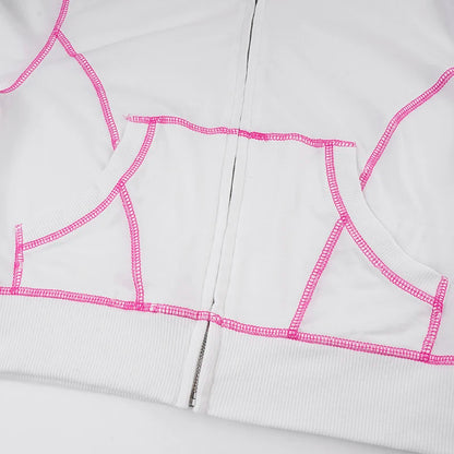 White Pink Lining Crop Hooded Jacket And Mini Shorts Set