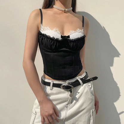 Black Corset White Trim Ruched Bra Spaghetti Strap Top