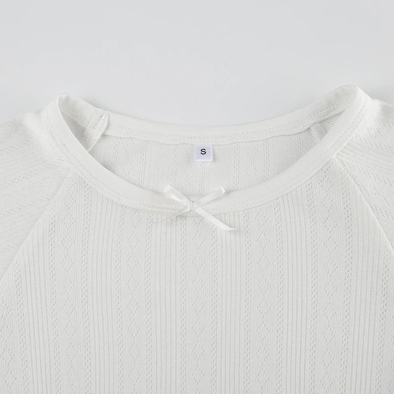 White Knit Ribbed Lettuce Trim Short Sleeve