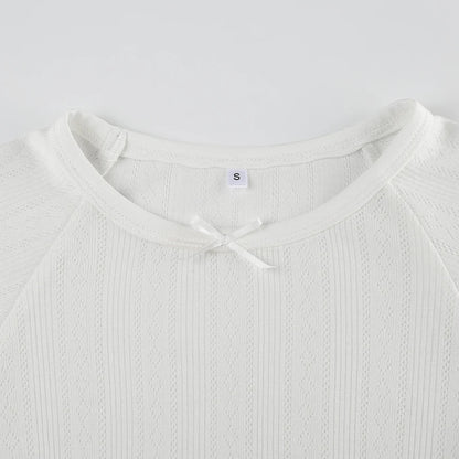 White Knit Ribbed Lettuce Trim Short Sleeve