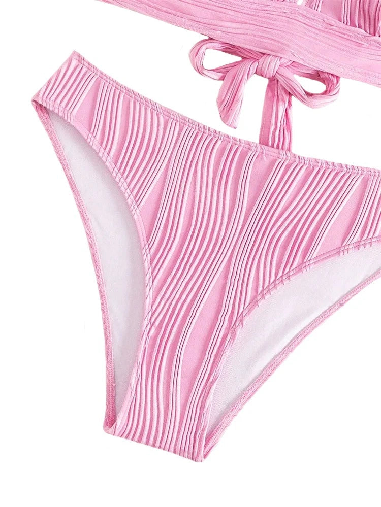 Pink Swirl Ribbed V-Cut halter High Waist Bikini