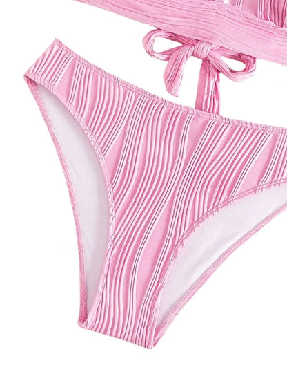 Pink Swirl Ribbed V-Cut halter High Waist Bikini