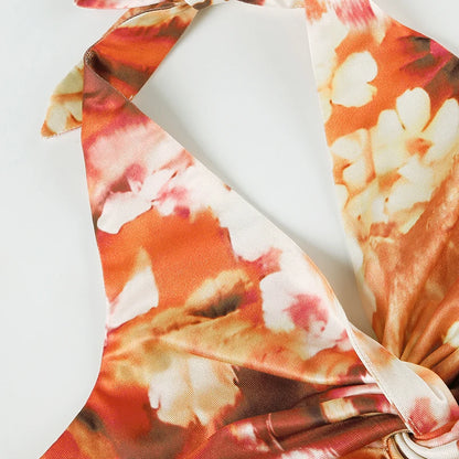 Orange Floral Print Twist V-Cut Halter Top