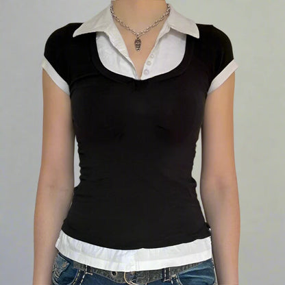 Black Fake White Pearl Button Up Short Sleeve