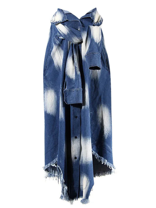 Blue Denim Jean Tie-Dye Front Tie Distressed Maxi Skirt