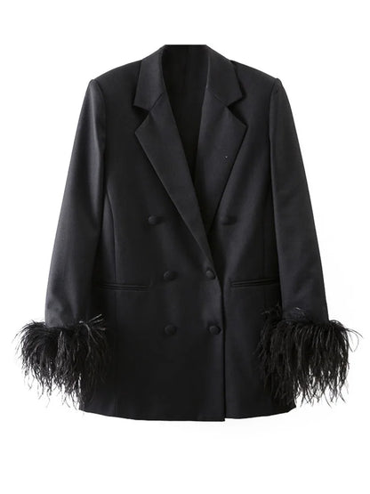 Black Feather Trim Double Breasted Blazer