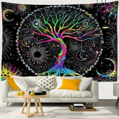 Multicolor Tree Of Life Sun And Moon Tapestry