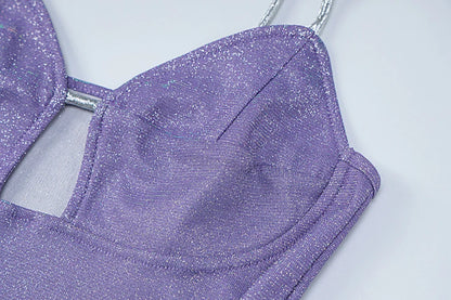 Purple Sparkly V-Cut Hollow Out Spaghetti Strap Mini Dress
