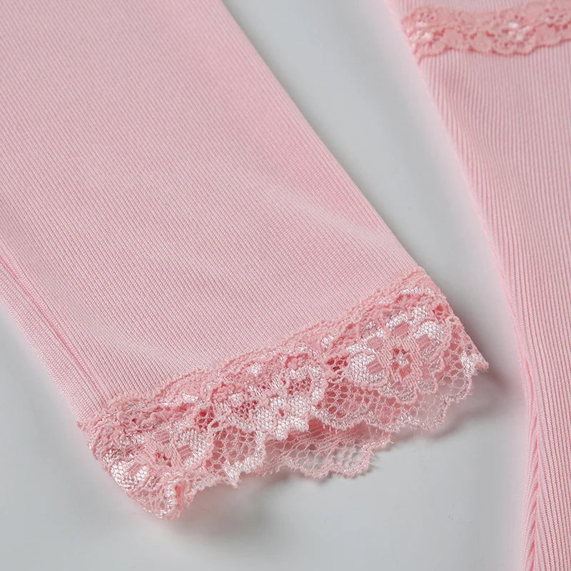 Pink Knit Lace V-Cut Ribbon Bow Long Sleeve