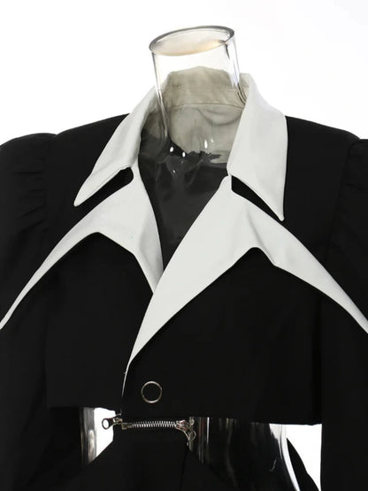 Black Puff Shoulder White Collar Detachable Blazer