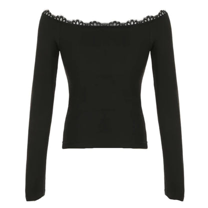 Black Lace Trim Off Shoulder Long Sleeve