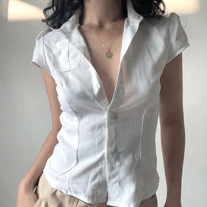 White Front Pocket Button Up Puff Short Sleeve