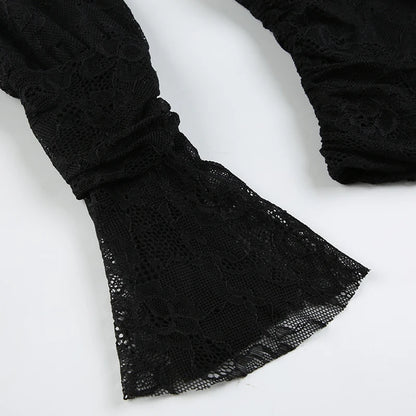 Black Lace Scarf And Deep V-Cut Flare Long Sleeve