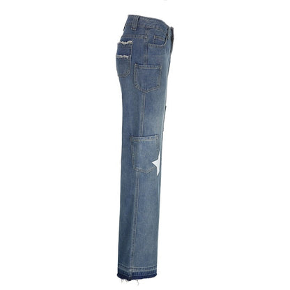 Blue Denim Distressed Cargo Star Low Waisted Flare Jeans