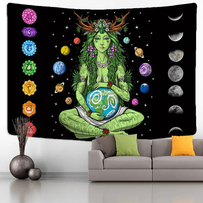 Mother Gaia Holding Earth With Planets Chakras And Moon Phases In The Stars Tapestry