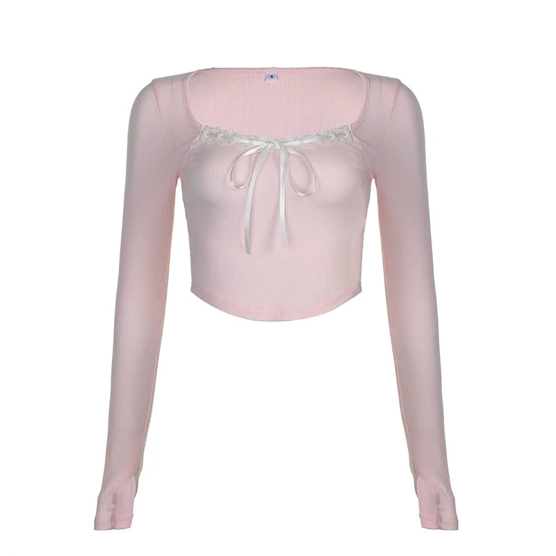 Solid Color Ribbed Lace V-Cut Bow Crop Long Sleeve