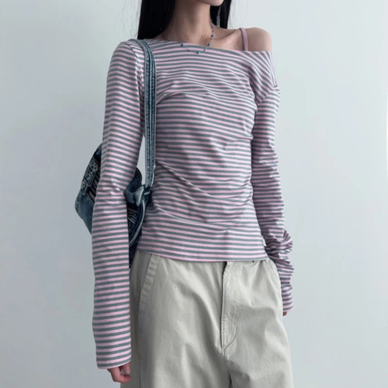 Pink And Blue Stripe Backless Lace-Up Long Sleeve