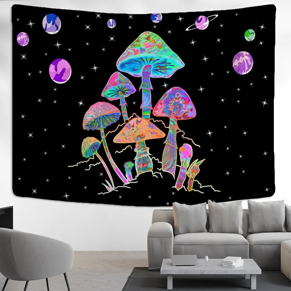 Neon Mushroom And Planets Tapestry