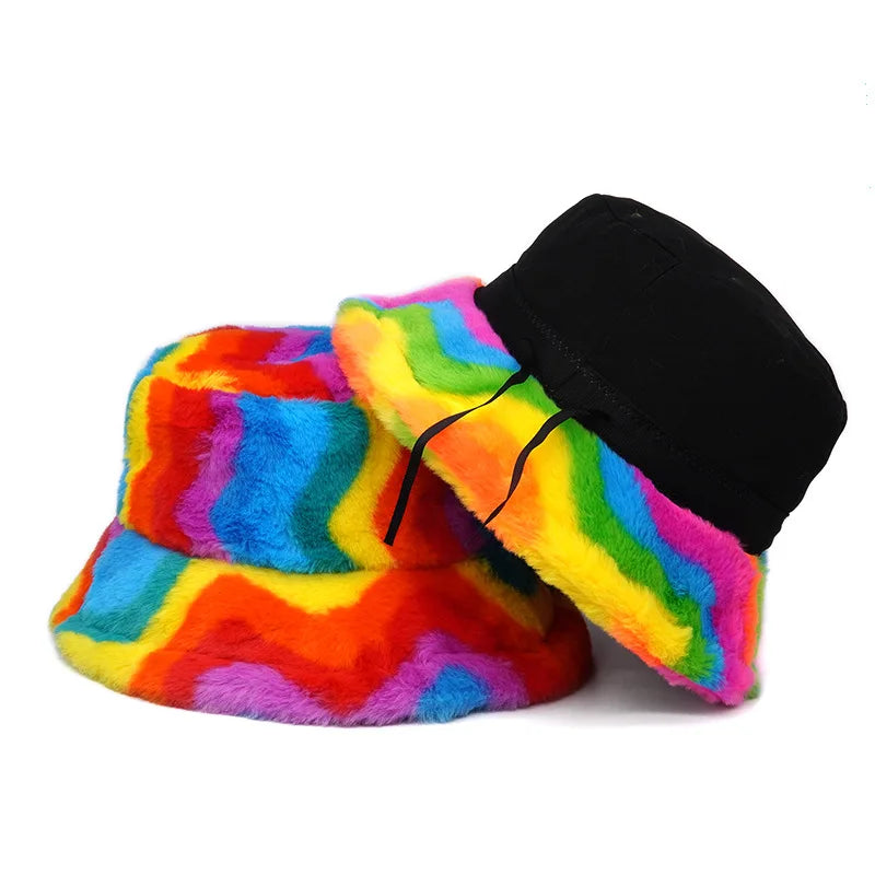 Rainbow Multicolor Swirl Fur Bucket Hat