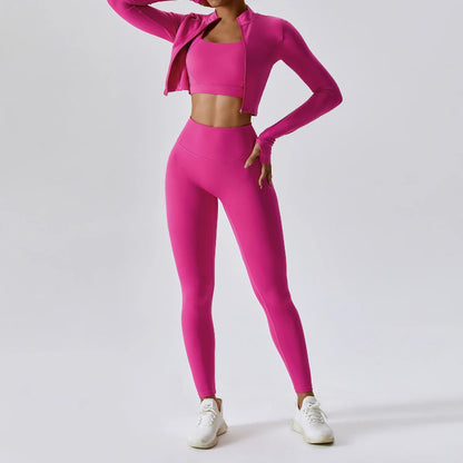 Solid Color Crop Jacket And Crop Top And High Waisted Legging Set