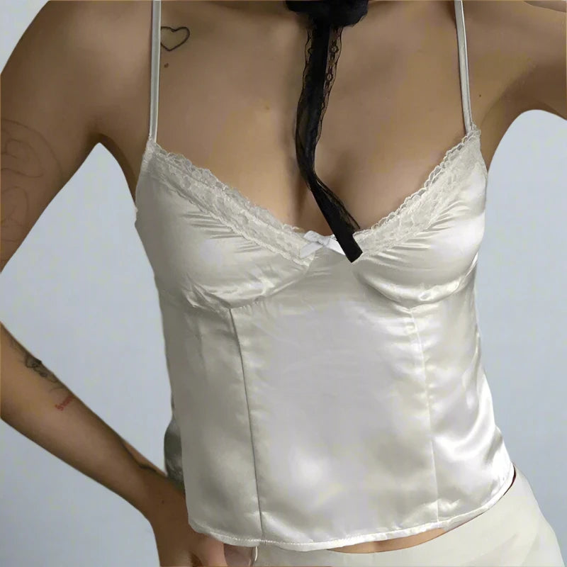 White Silk Lace V-Cut Spaghetti Strap Top