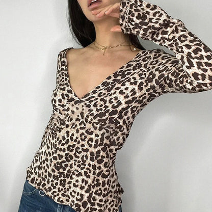 Brown Cheetah Print V-Cut Lettuce Trim Flare Long Sleeve