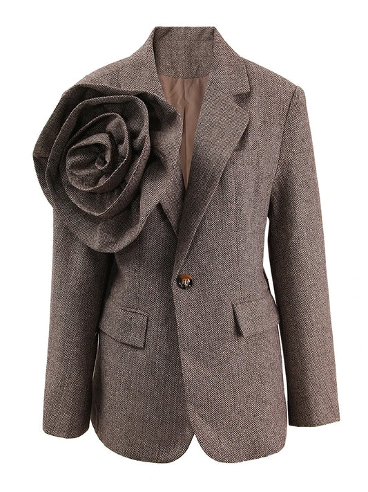 Brown Tweed 3D Flower Blazer