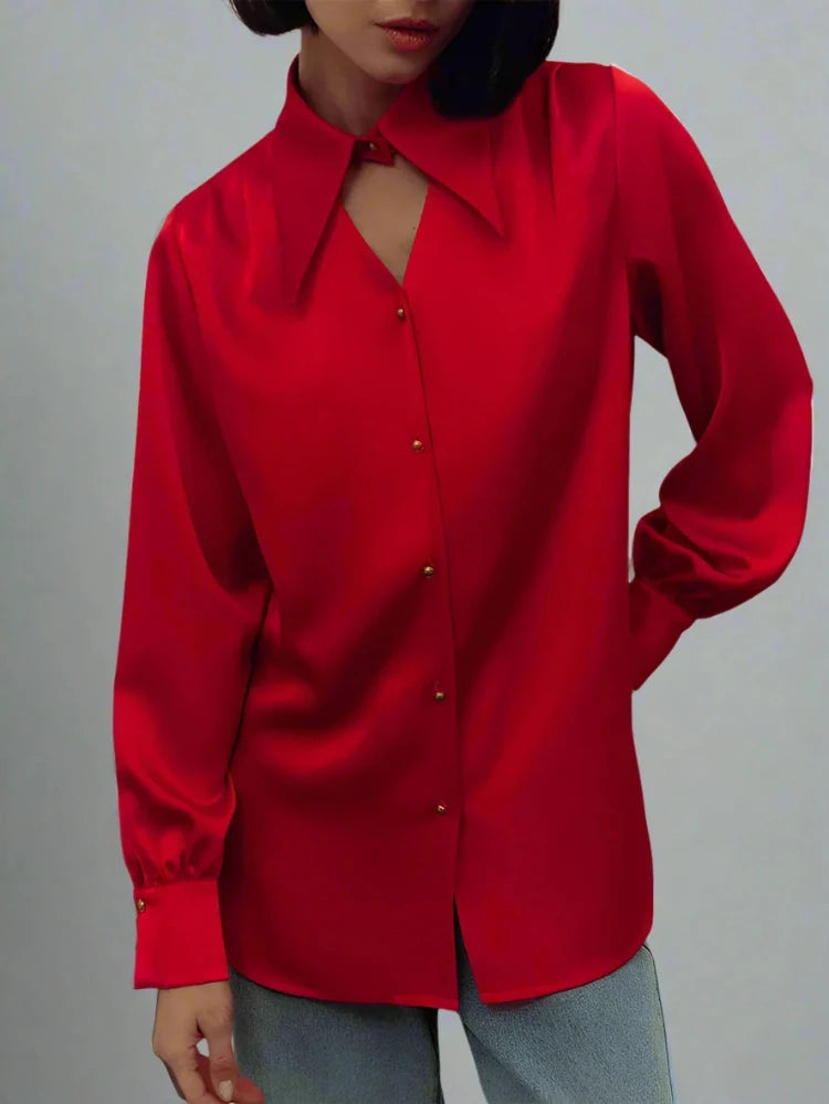 Solid Color Silk Collar Hollow Out Button Up Long Sleeve