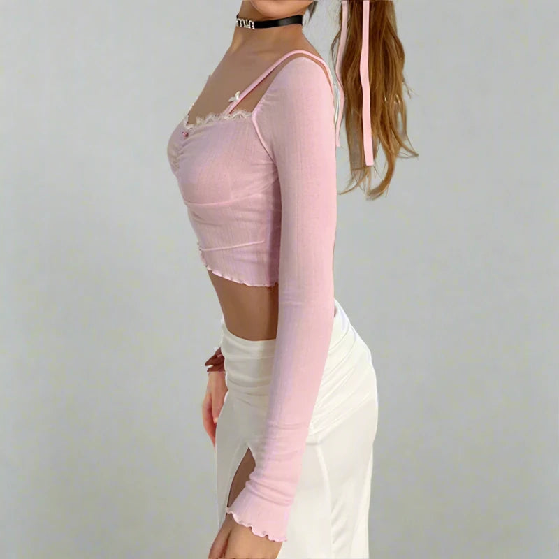 Pink Knit Ribbed Lace Ruched 3D Rose V-Cut Lettuce Trim Crop Bow Spaghetti Strap Long Sleeve