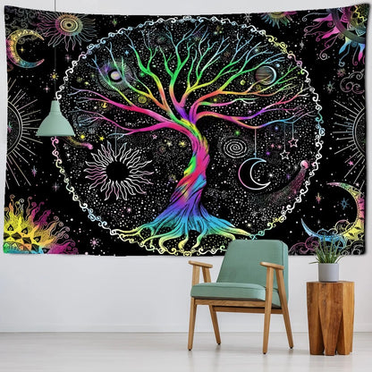 Multicolor Tree Of Life Sun And Moon Tapestry