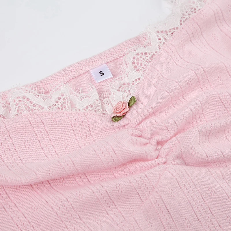 Pink Knit Ribbed Lace Ruched 3D Rose V-Cut Lettuce Trim Crop Bow Spaghetti Strap Long Sleeve