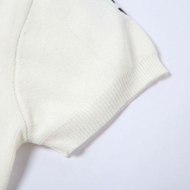Beige Knit 5 Collar V-Cut Short Sleeve