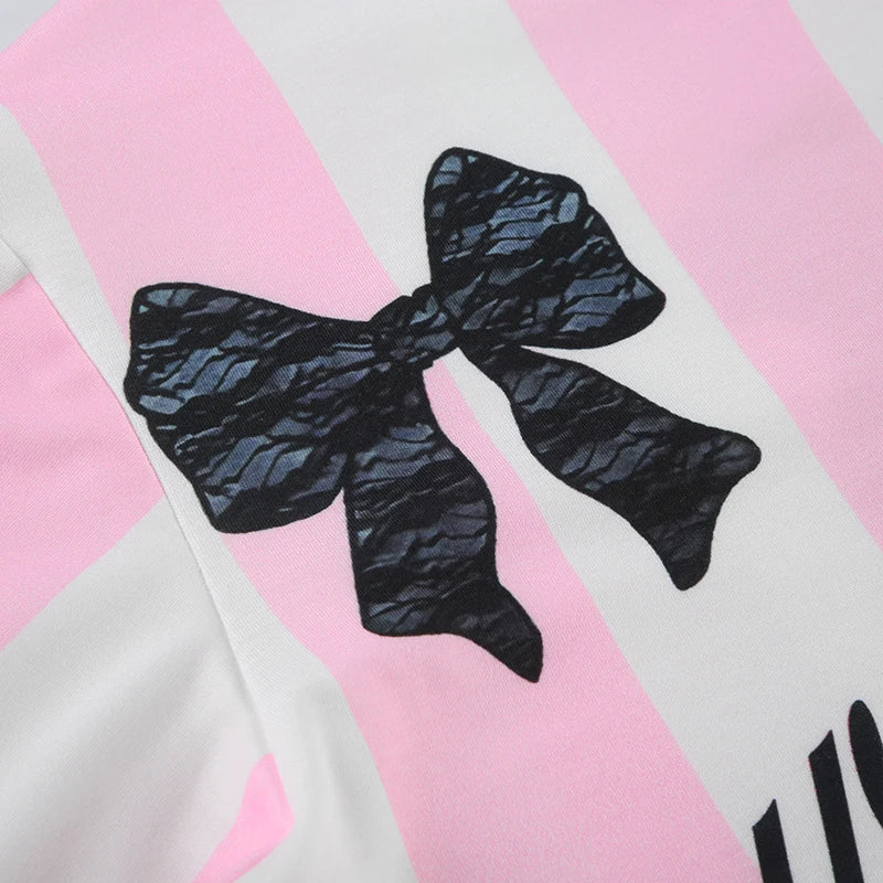 Pink And White Stripe Look Wait And See Black Lace Bow Long Sleeve T-Shirt