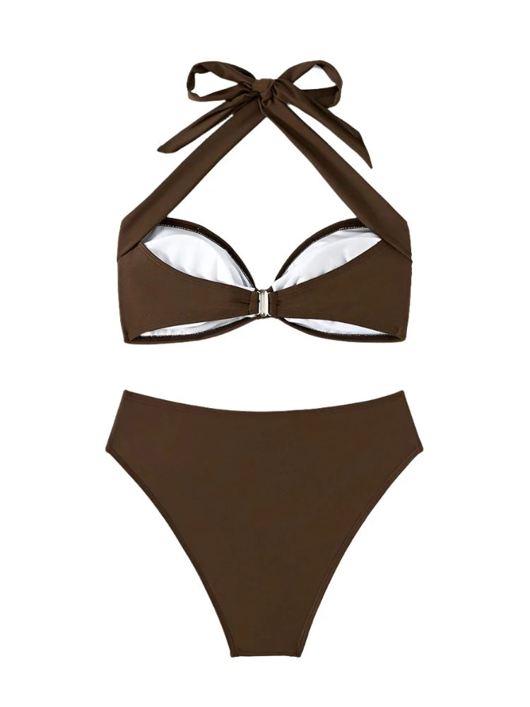 Brown Ruched Halter Bikini