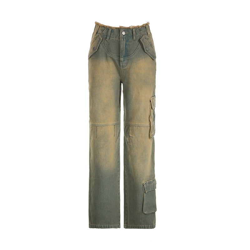 Blue Washed Out Denim Cargo Fringe Trim Low Waisted Baggy Jeans