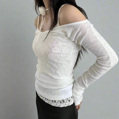 White Fake Lace Spaghetti Strap And Ribbed Off Shoulder Long Sleeve