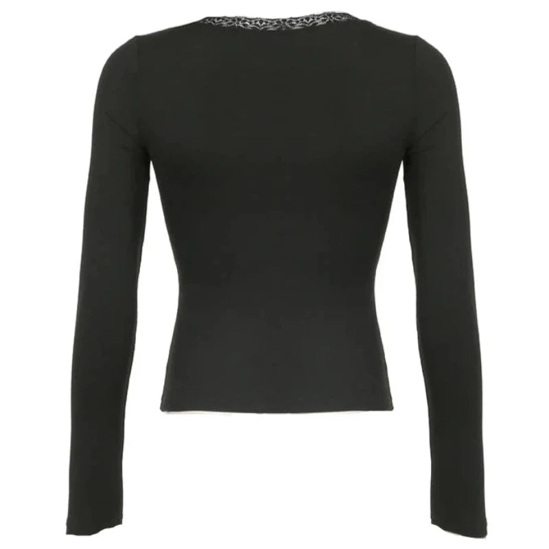 Black Criss-Cross Lace V-Cut Long Sleeve