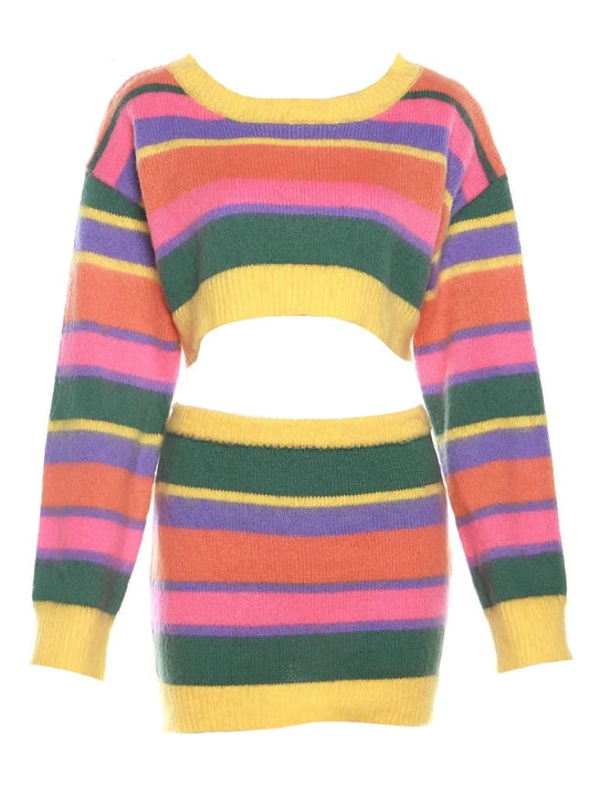 Multicolor Knit Striped Crop Sweater And Mini Skirt Set