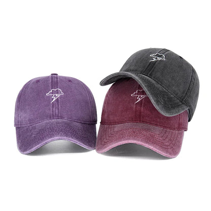 Solid Color Washed Out Cloud Lightning Embroider Cotton Baseball Hat