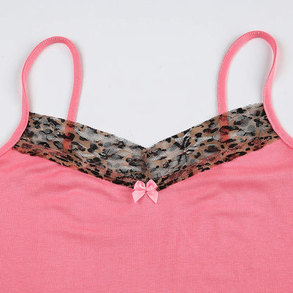 Pink Cheetah Lace V-Cut 3D Rose Spaghetti Strap Top