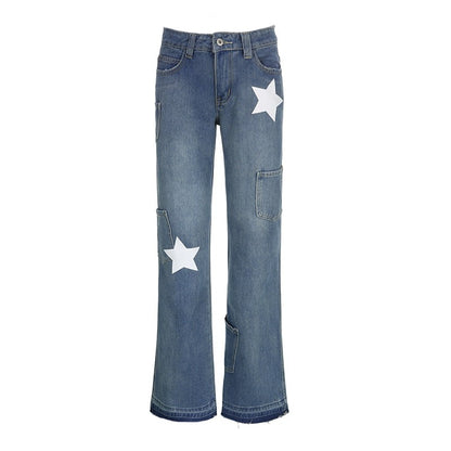 Blue Denim Distressed Cargo Star Low Waisted Flare Jeans